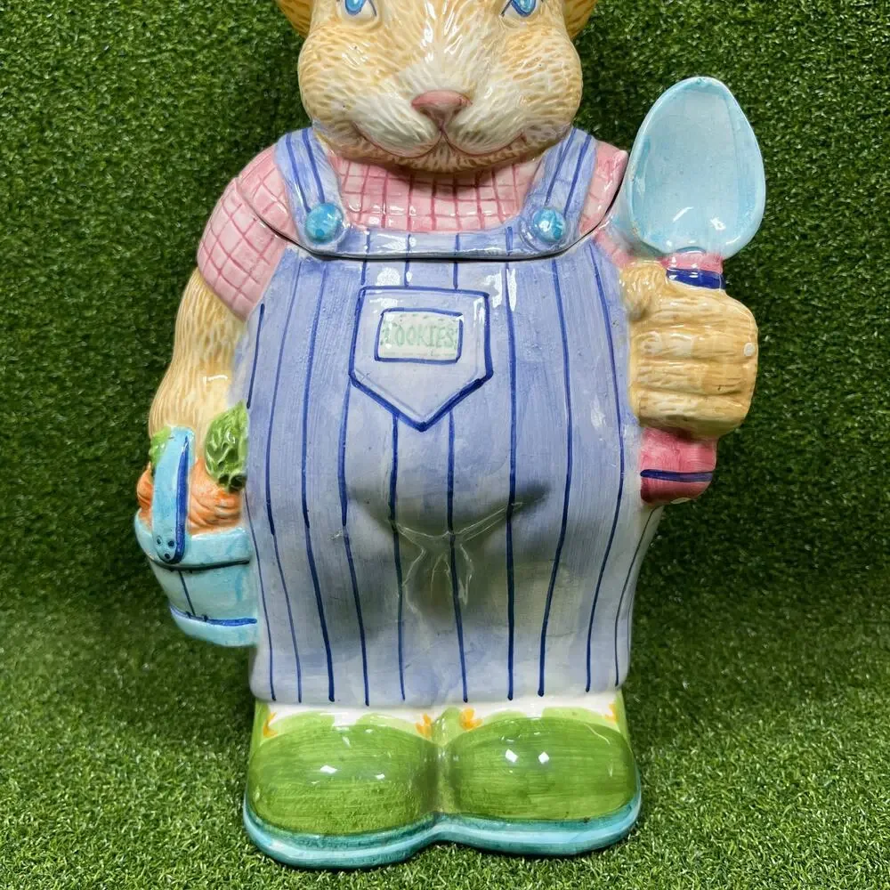 Vintage 90s Hand Painted Ceramic Farmer Rabbit Cookie Jar
